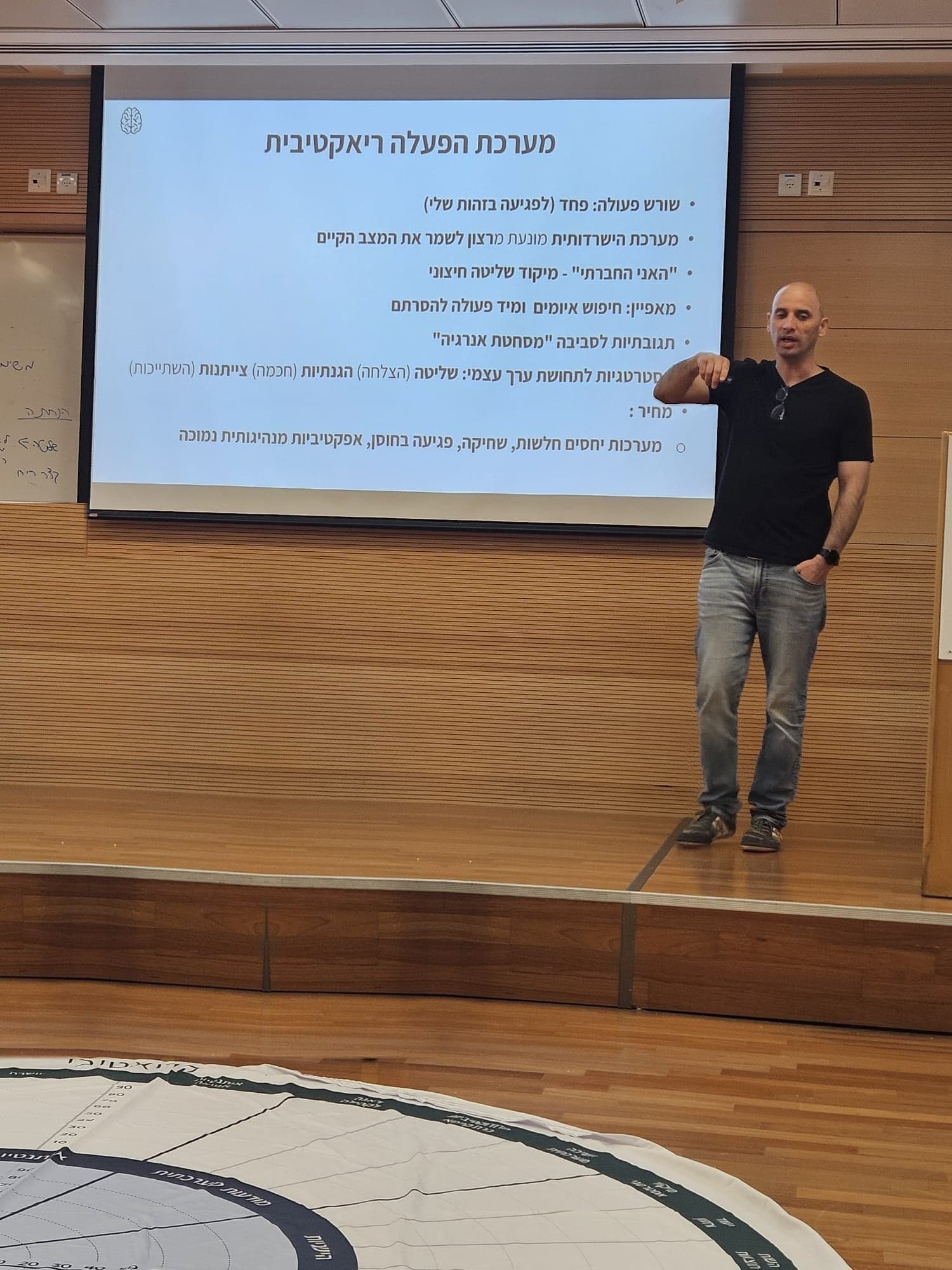 אייל גונן מרצה מול שקף שכותרתו "מערכת הפעלה ריאקטיבית"; על הרצפה לפניו מפה עגולה גדולה